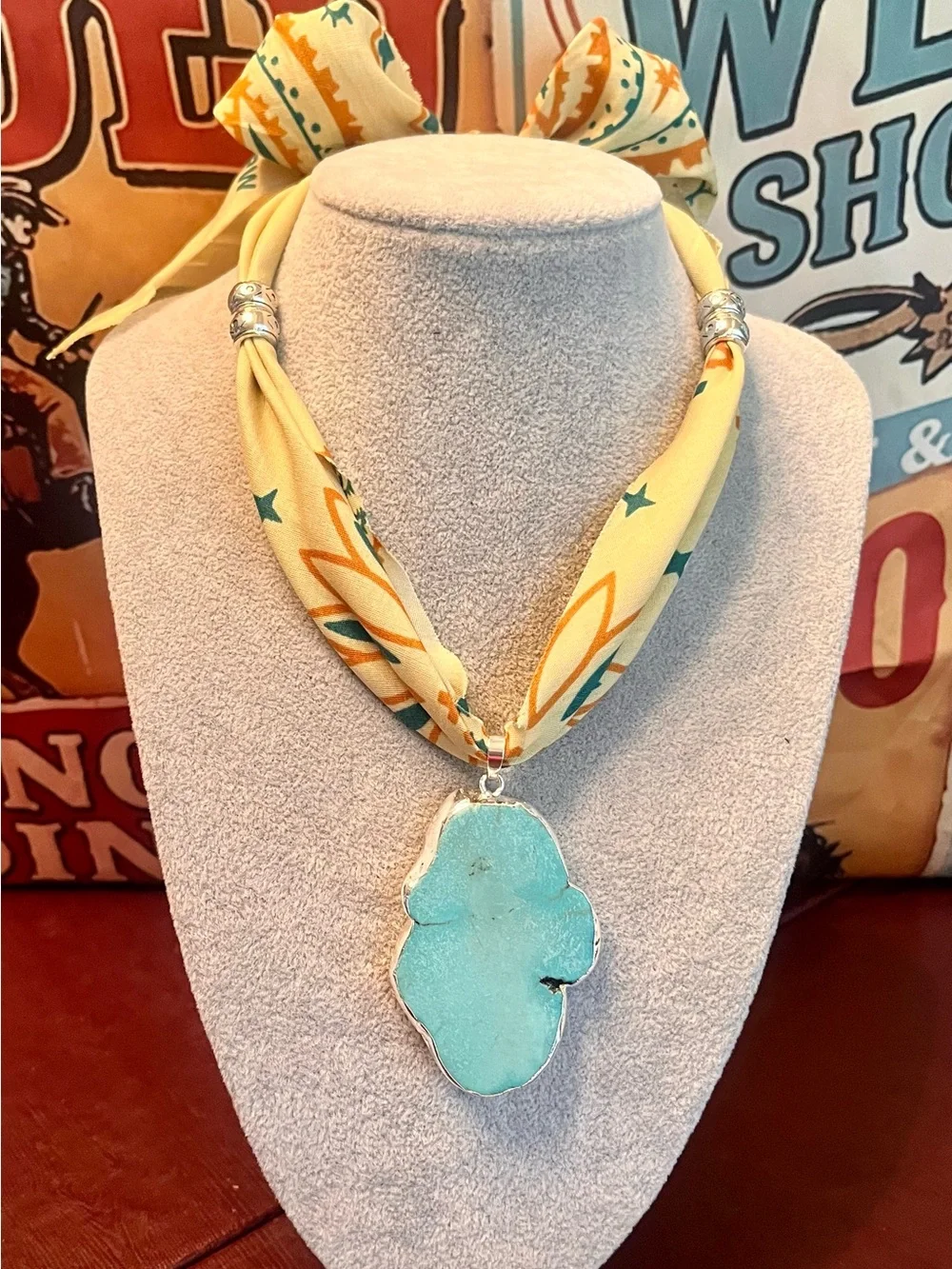 Handmade Turquoise Pendant Prairie Style Bandana, Wild Rag Length, Nostalgic